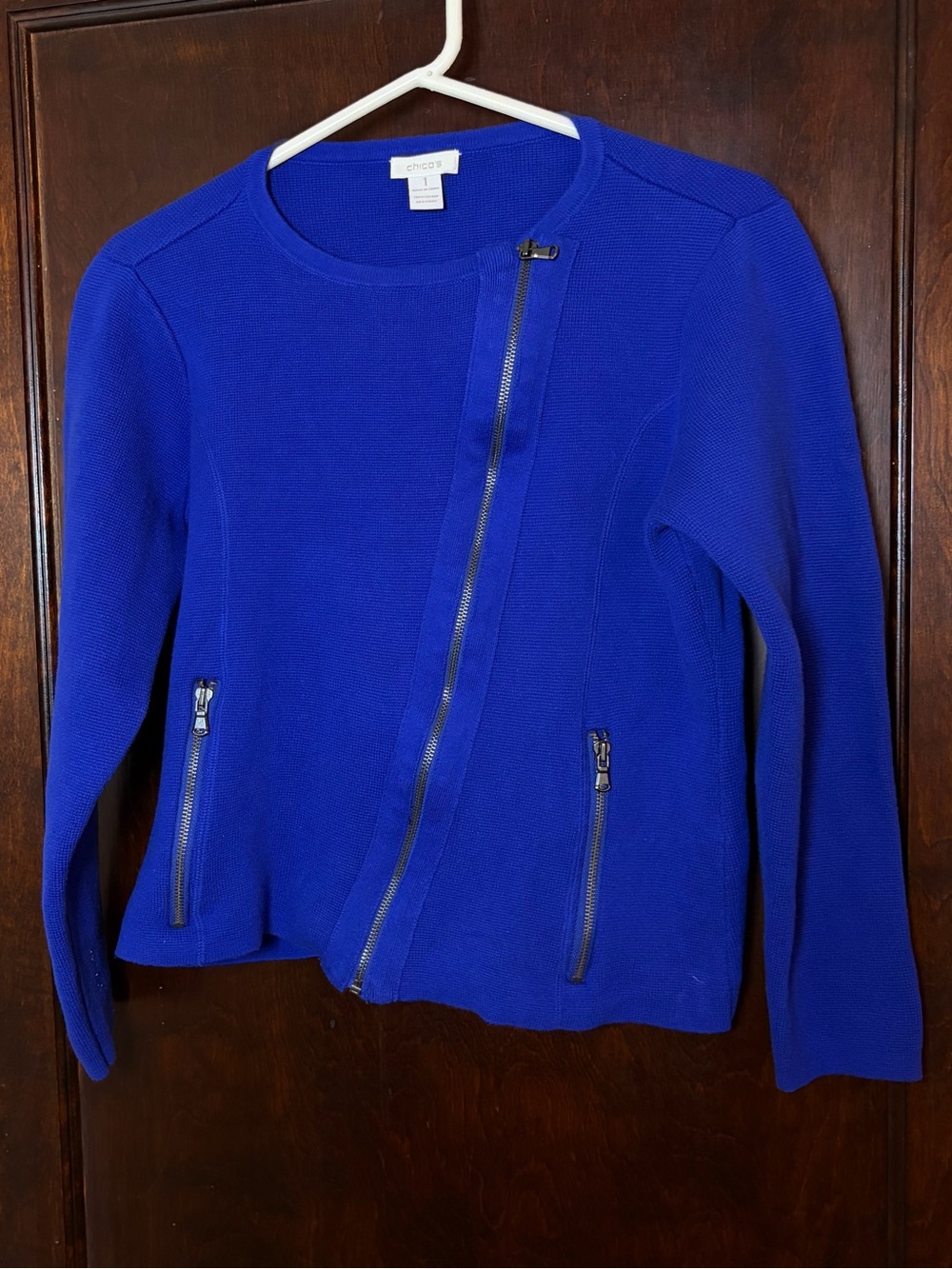 Chico's Sweater Jacket Size 1 Medium Blue Cotton Asymmetrical Full Zip Sweater